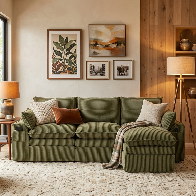 Canapé modulaire moderne en velours côtelé de 110 po de large avec repose-pieds, aucun assemblage requis, Vert
