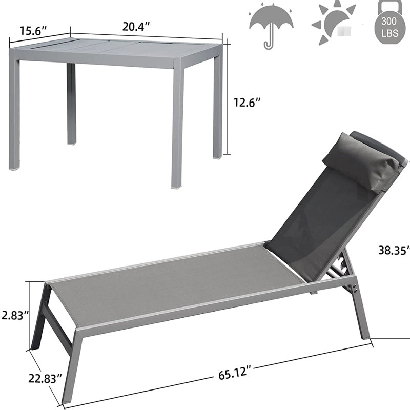 Chaise longue en aluminium pour l'extérieur, 3 pièces, 5 positions de dossier réglables, gris, piscine, jardin, patio 3, structure, siège, dossier, bord de piscine,