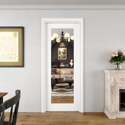Interior Pocket Doors Bathroom Clear Glass 1-Lite Sliding Pocket Doors Solid Core Manufactured Wood Primed Sliding Doors With Hardware