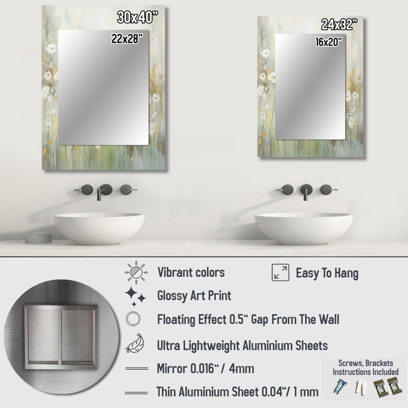 «Green Beige Serene Meadows II - Botanicals», miroir mural décoratif moderne, impression d'art en métal, 40 po x 30 po