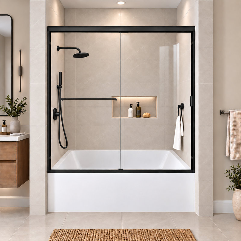 Vetra 60 In. W X 56 In. H Semi-Frameless Sliding Bathtub Door With Clear Glass in Brushed Nickel, Matte Black