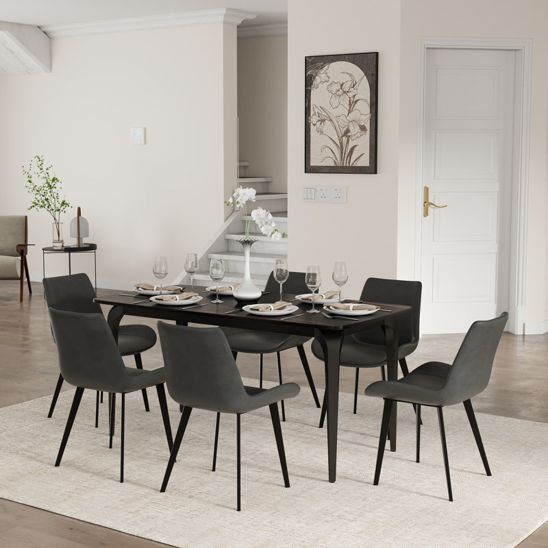 6 Seat Modern Stone Dining Table Set With Faux Leather Side Chairs, 7-piece Dining Set, Gray, Black