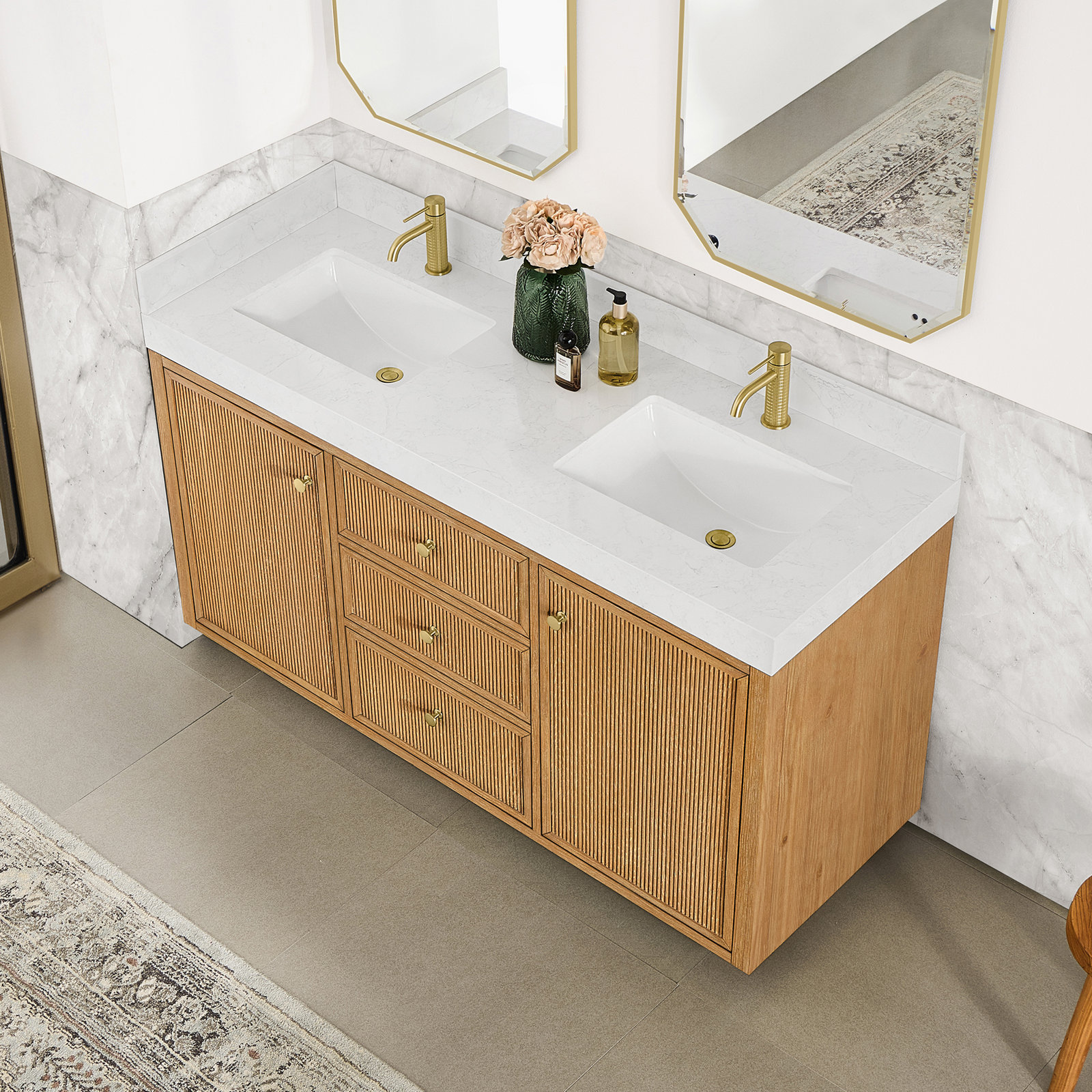Thea 60" Double Sink Bath Vanity in Fir Wood Brown with White Grain Composite Stone Top, Fir Wood Brown