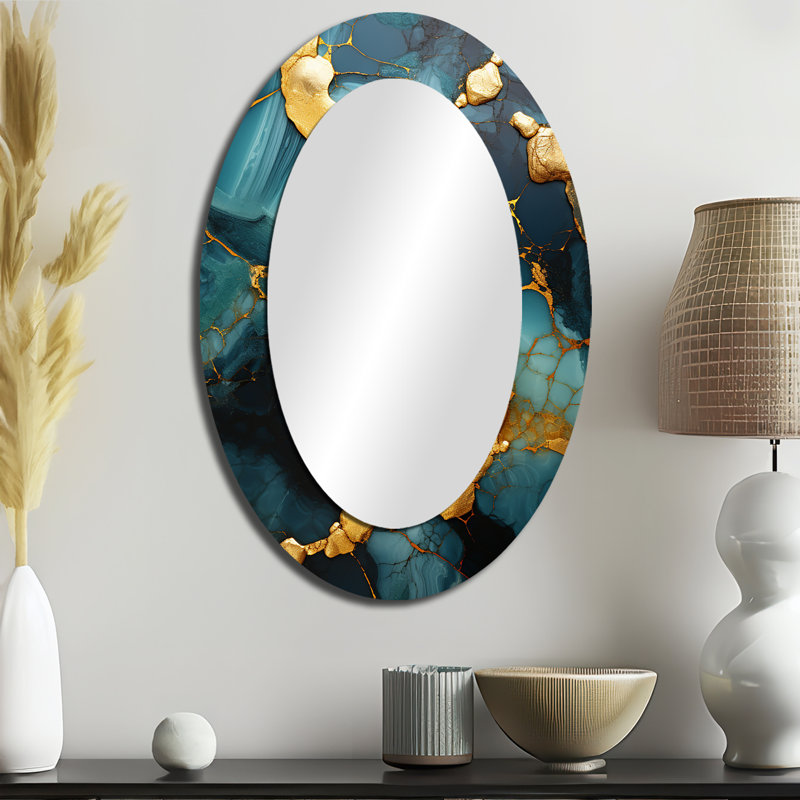 Or et vert topaze agate granit II - grand miroir mural ovale sur métal, H 36 po x l 24 po