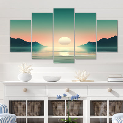 Full Moon Rising Ocean Minimalism In Retro Blue I - Beach Wall Decor - 5 Panels