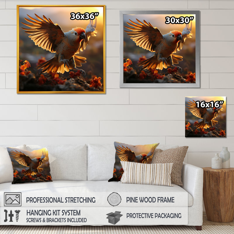 «Yellow Parrots Sunset Golden Flight», reproduction sur toile, H 24 po x l 24 po x P 1 po, Cadre simple noir
