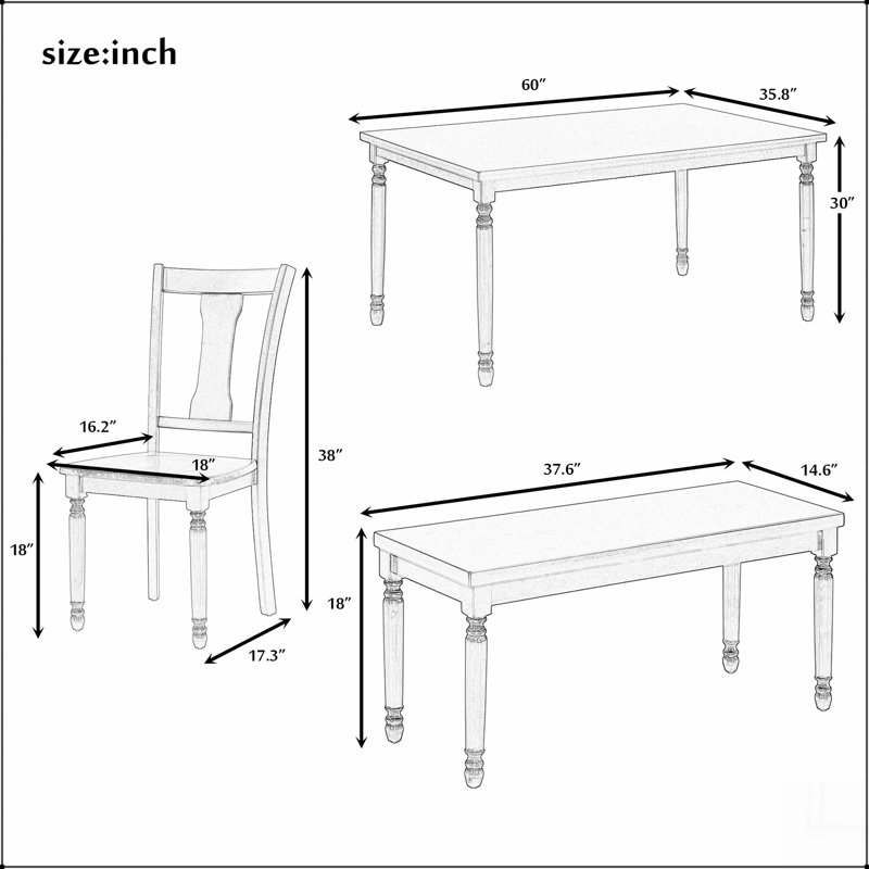 6-Piece Dining Set Wooden Table and 4 Chairs with Bench for Dining Room