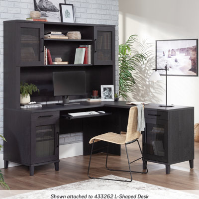 Bureau avec esthétique côtière, finition noire, peu encombrant, 4 tablettes, rangement réglable, gestion des câbles, pour les espaces de travail à domicile, design, centre ouvert,