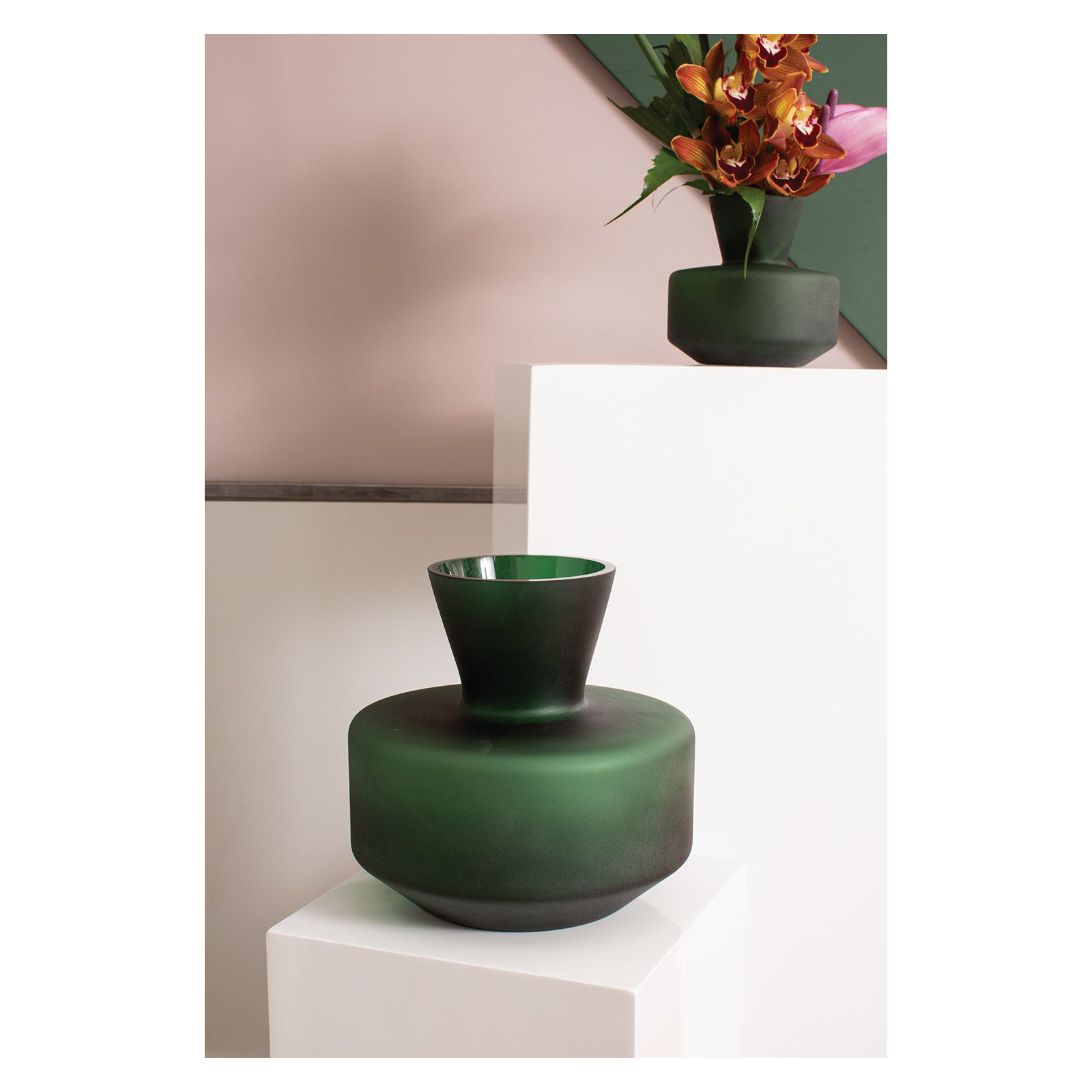 Green Glass Table Vase, 10" H x 10" W x 5.5" D