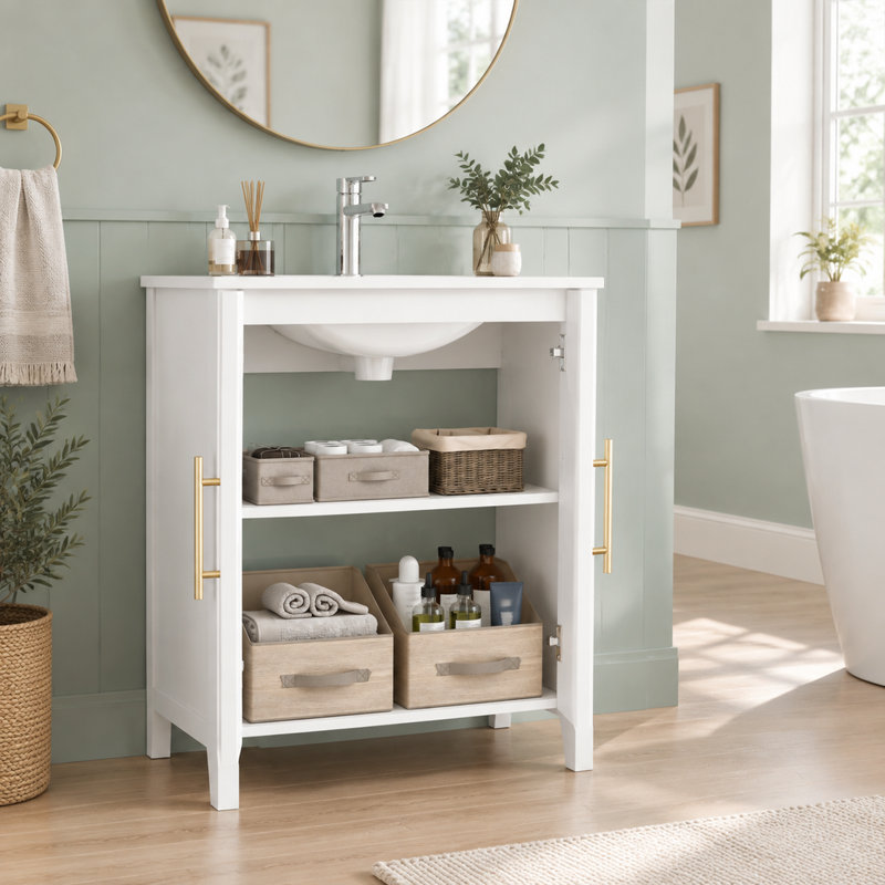 Meuble-lavabo de 61,2 cm avec lavabo intégré, portes ondulées blanches brillantes, poignées en métal doré, tablette réglable, meuble de rangement moderne autoportant pour salle de bain