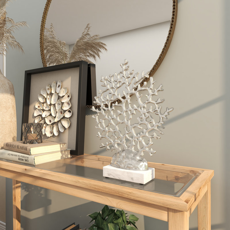 Elegant Silver Coral Sculpture on Marble Base 12"x15"