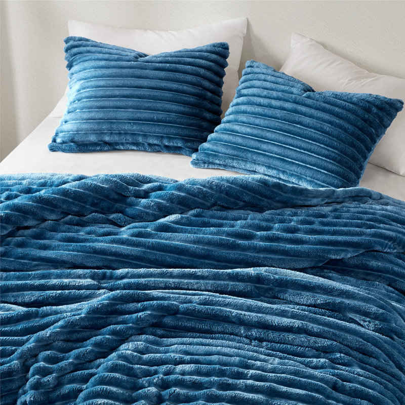 Avril Fluffy Ribbed Plush Comforter Set, Blue, King Comforter + 2 King Shams