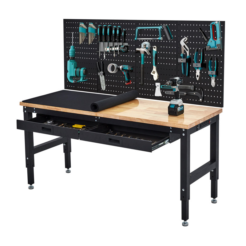 Établi 60 po x 22 po avec tiroirs, table de travail ajustable robuste avec grand panneau perforé et prise de courant