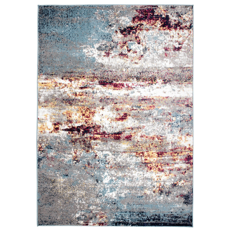 Tapis gris / bleu / jaune à motif abstrait Willington, Rectangle 3 pi 3 po x 5 pi