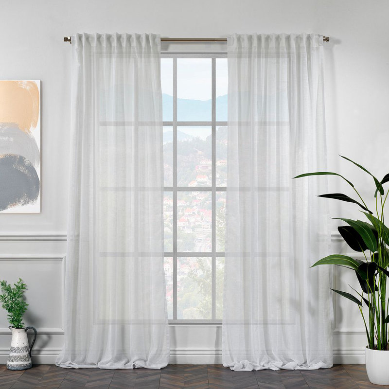Extra Long & Extra Wide Faux Linen Semi Sheer Single Panel, 120" W x 264" L, White/Ecru