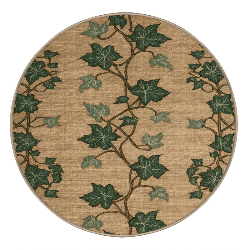 Machine Washable Botanical Beige Area Rug, Round 5'