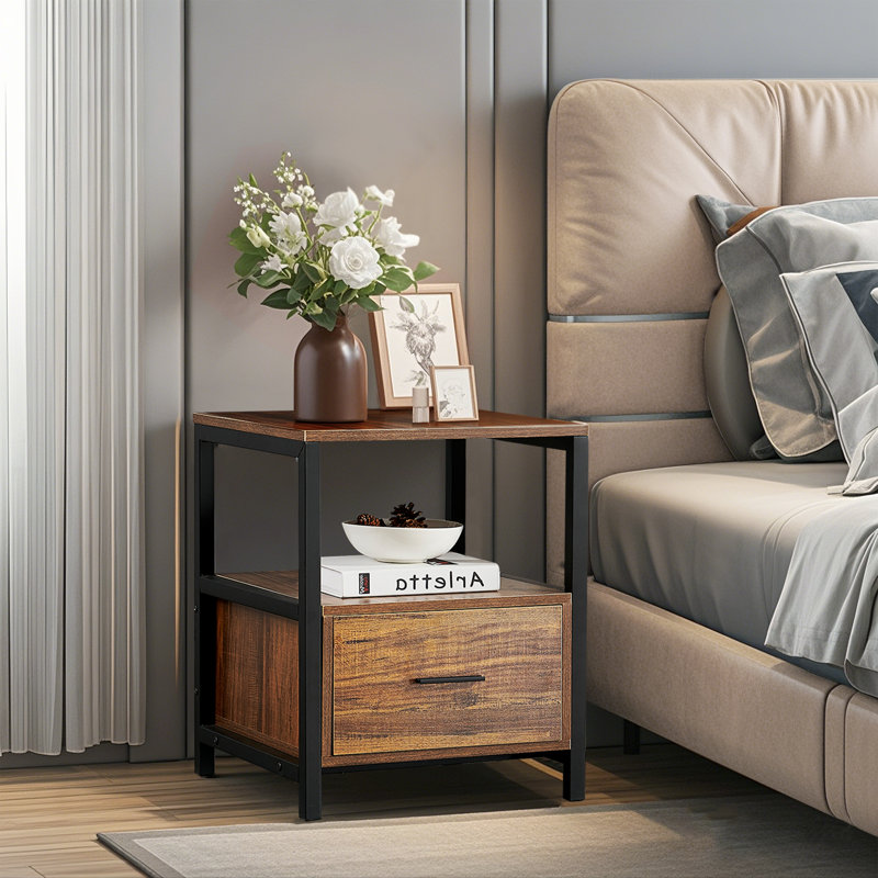 1 Drawer Bedside Table, Brown, 1