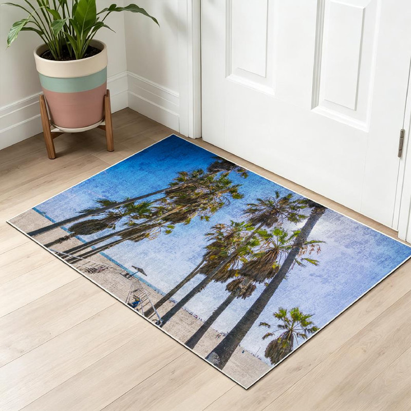 Tapis bleu lavable à la machine bleu Venice Beach Santa California, Rectangle 32 po x 47 po