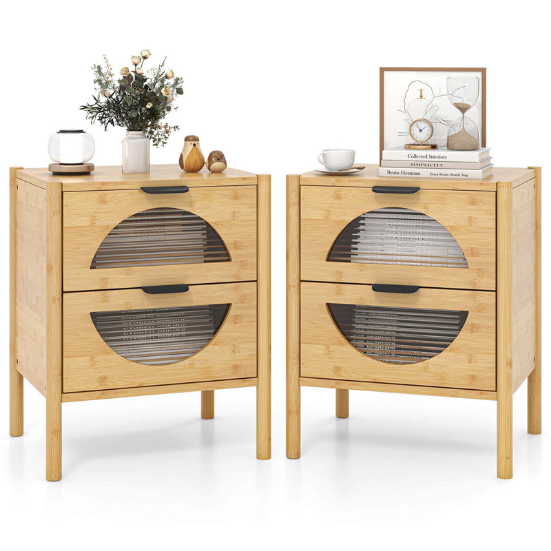 Table de chevet en bambou avec 2 tiroirs de rangement et façades en verre trempé Reeded, Ensemble de 2