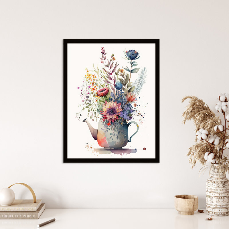 Quirky Wildflower Bouquet In Tea Pot Vase - Single Picture Frame Print