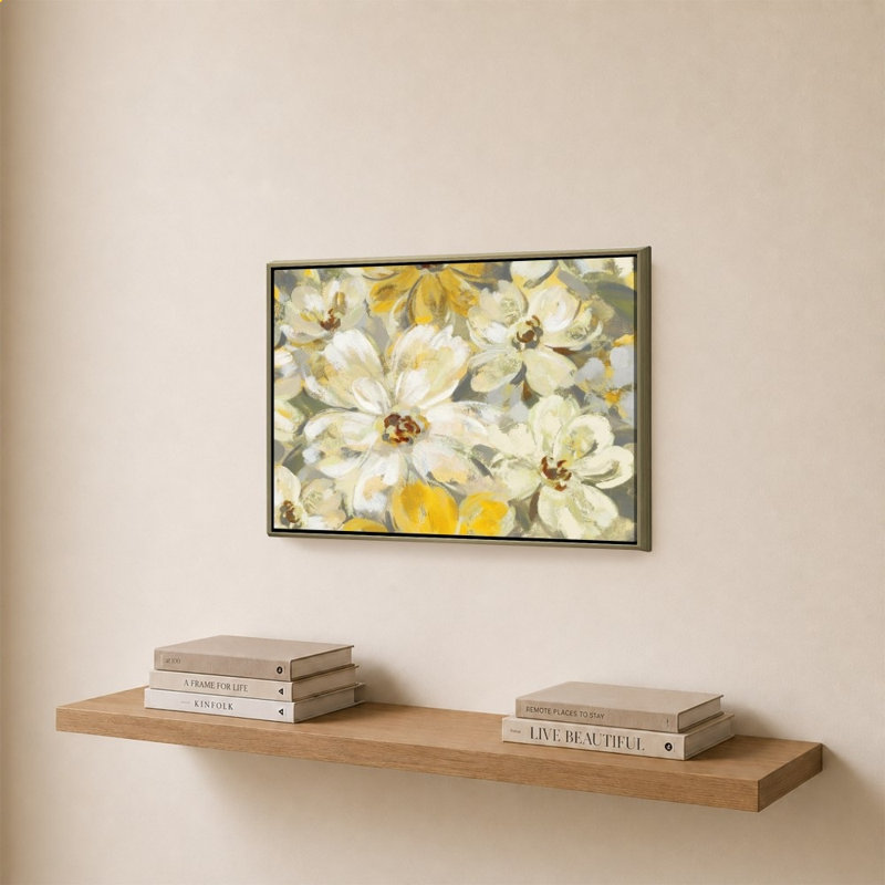 «Scattered Spring Petals Yellow Grey» par Silvia Vassileva, impression sur toile, 24" H x 34" W, Champagne