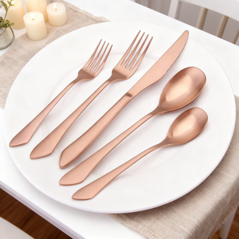 Service de couverts en acier inoxydable 20 pièces pour 4 personnes, couverts en or rose mat avec finition satinée, ensemble de couverts allant au lave-vaisselle pour la maison et le restaurant