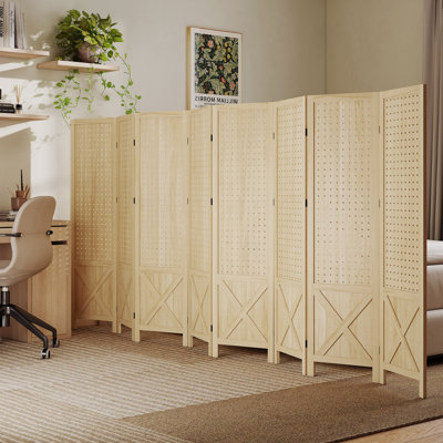 Paravent 4,7 pi à 8 panneaux avec panneau perforé pour l'intérieur, naturel