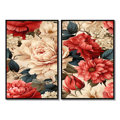 Motif floral rétro rose et beige - 2 grandes impressions florales sur toile