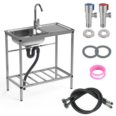 Free Standing Single Bowl Kitchen Sink, Lightweight Stainless Steel Utility Sink With Dual-Inlet Design Faucet For Kitchen, Garage, Backyard