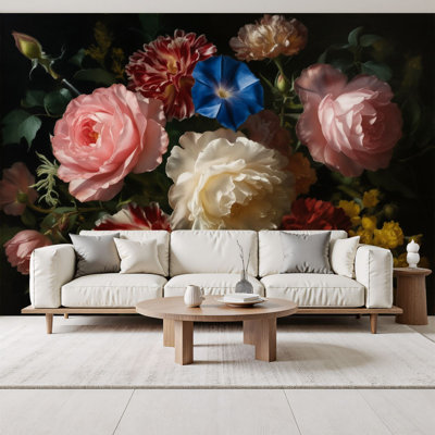 Papier peint adhésif moderne moderne, pivoine rose, nature morte, peinture murale de style baroque foncé, papier mural amovible en PVC 69 po x l 96 po pour salon de chambre à coucher