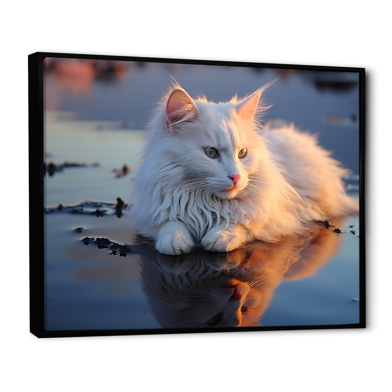 Chat tranquillité sur la plage - décoration murale chat, H 30 po x l 40 po x P 1,5 po, Cadre flottant noir
