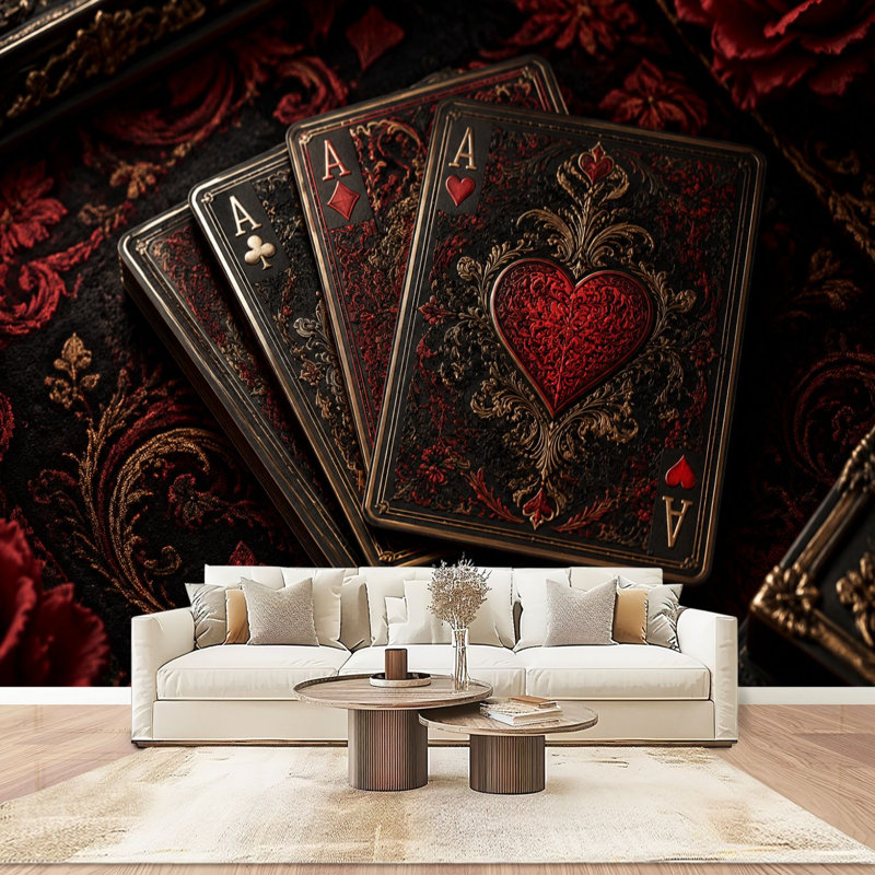 Papier peint mural autocollant moderne à motif de cartes à jouer de casino, symboles royaux, couleurs riches, pour chambre ou salon. Dimensions : 254 cm (L) x 366 cm (l).
