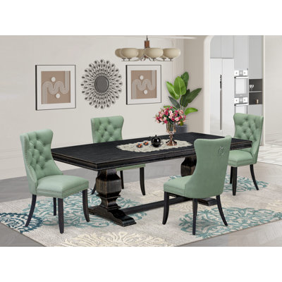 Cet ensemble de salle à manger moderne 5 pièces comprend une table de cuisine rectangulaire et 4 chaises en tissu de polyester vert saule, noir sablé