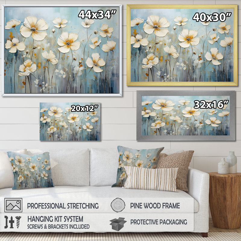 «Elegant Beige Buttercups Meadow II» sur toile, H 30 po x l 40 po, Cadre flottant doré