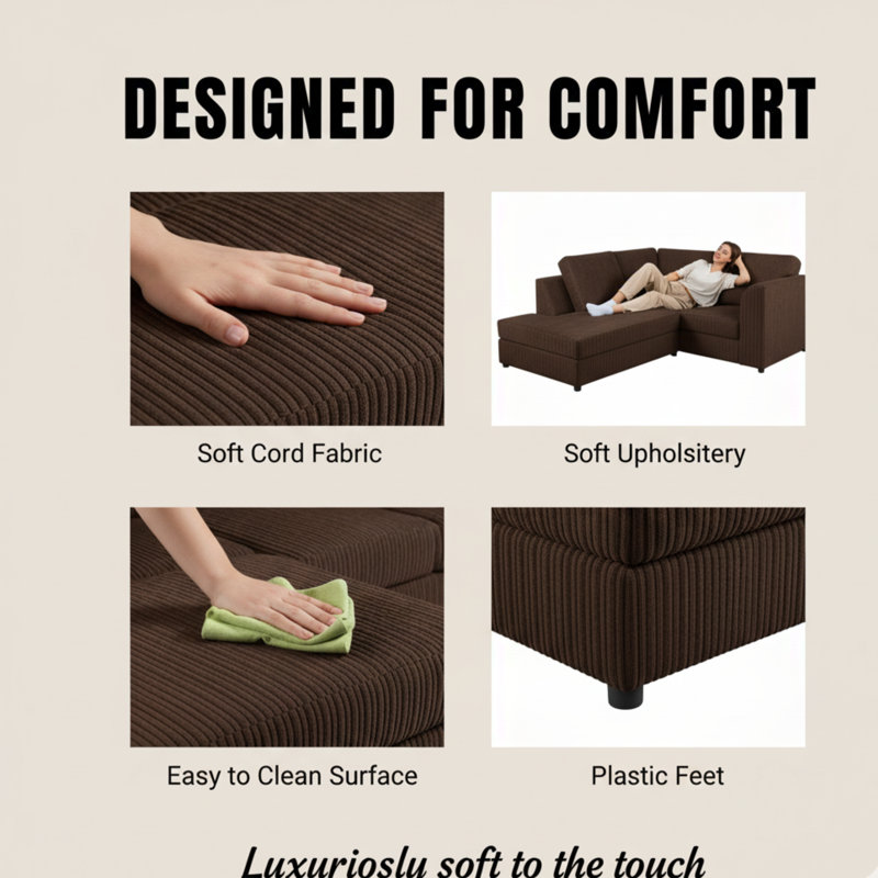 Jumbo Cord Hand Facing Corner Sofa With Footstool, Brown, Left Hand Facing