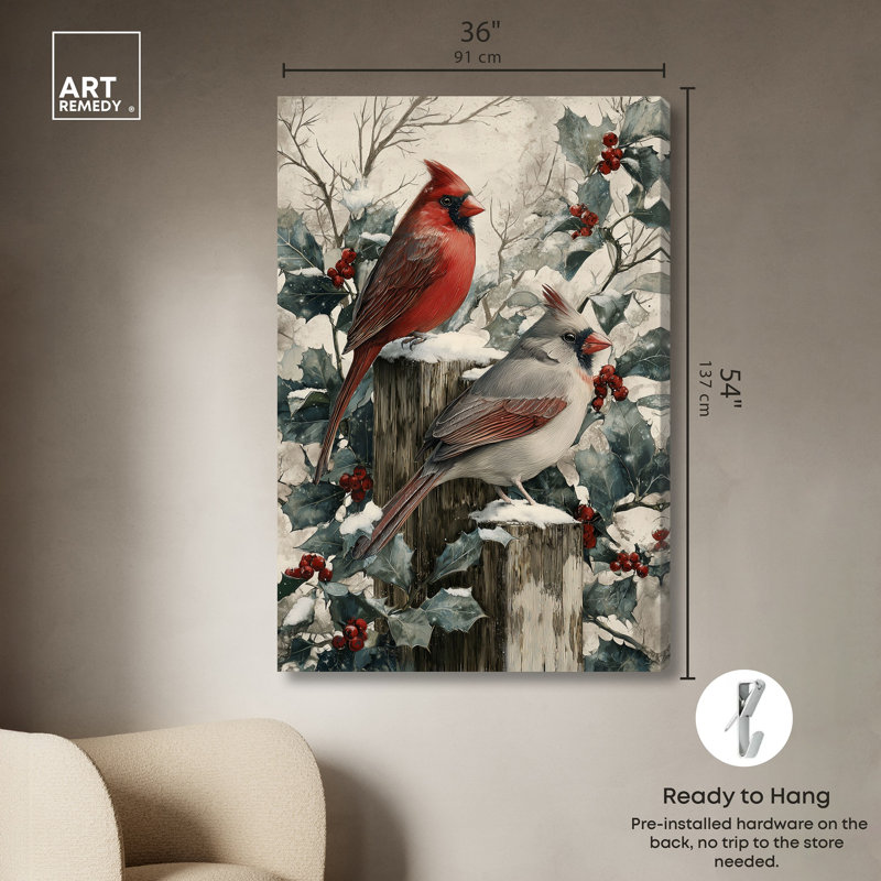 "Winter pair on perch I", reproduction d'art sur toile par Art Remedy, cadre noir, 10 x 15, Toile tendue avec châssis