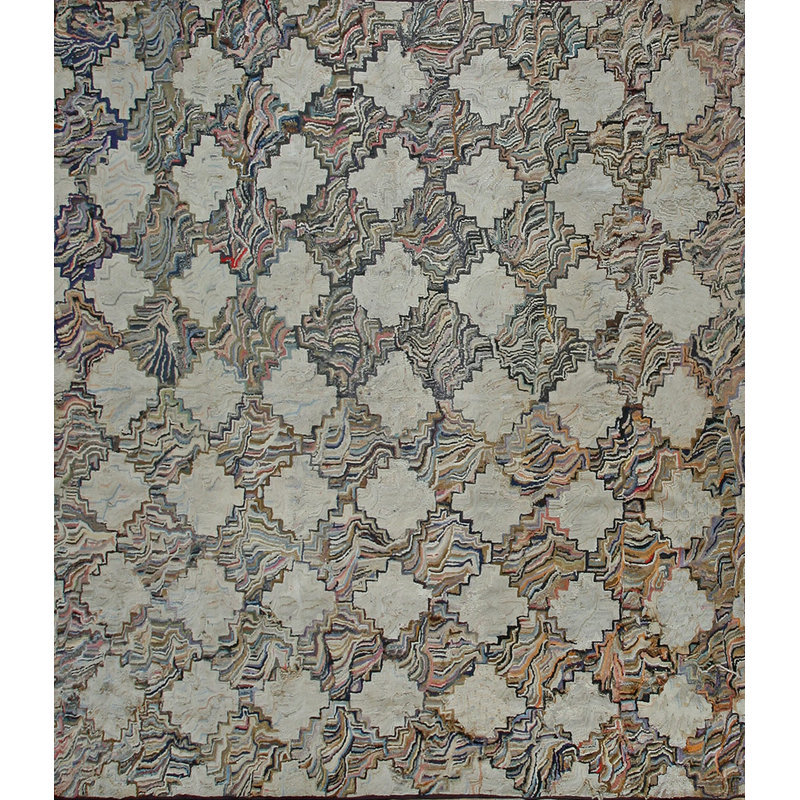 Antique Square Allover Geometric American Folk Art Hooked Rug