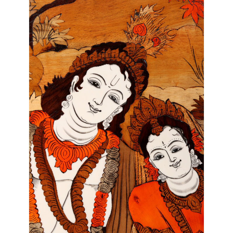 Panneau mural incrusté en bois 30 "Radha Krishna sur balançoire de Myzore - Art mural fabriqué à la main pour une décoration romantique