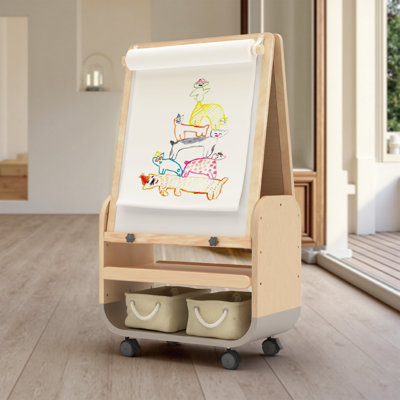 Chevalet en bois pour enfants avec roulettes et rangement, planches à double face, hauteur réglable