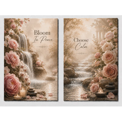 Extra-Large Set of 2 Floral Waterfall Canvas Wall Art Bloom in Peace Choose Calm Quote Prints Romantic Garden Spa Decor for Bedroom Bathroom 24x36 Inch Canvas Print - Ready to hang