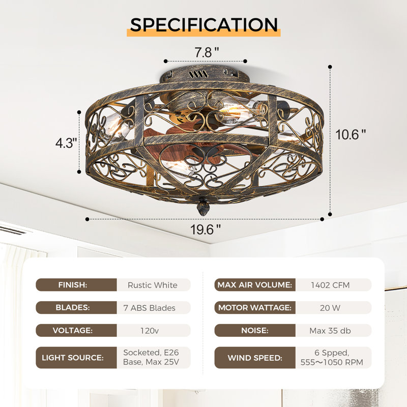 Ventilateur de plafond encastré 20 po avec luminaire et télécommande - style maison de campagne., Bois brun, Or/noir