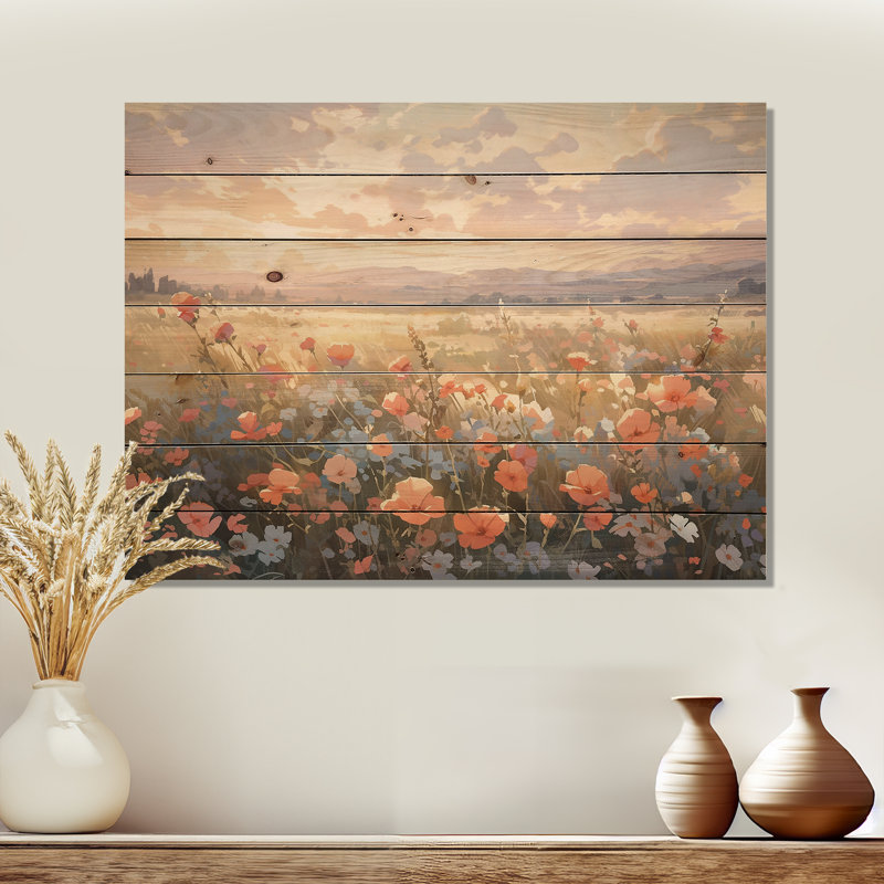 Corail, beige, prairie sauvage, impression sur bois I, H 24 po x l 32 po x P 0,78 po