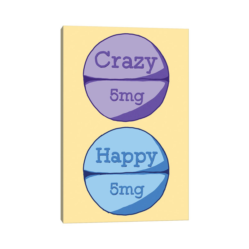 Crazy Happy Pill Yellow - Wrapped Canvas Print, 20.32 cm H x 30.48 cm W