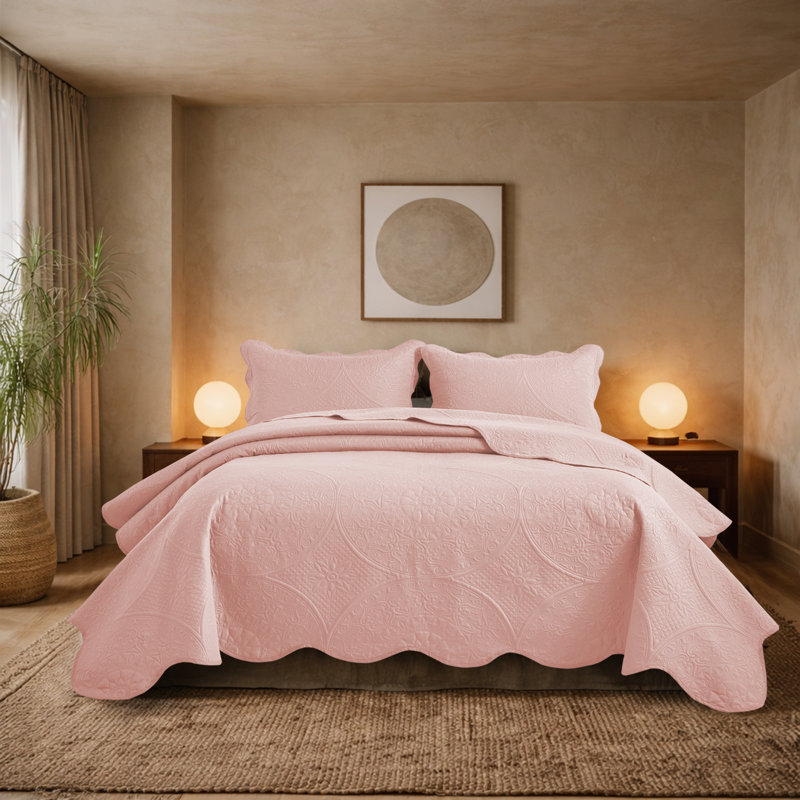 Floral Embossed Microfiber Quilted Bedspread Set, Queen Coverlet/Bedspread + 2 Standard Pillowcases, Peach