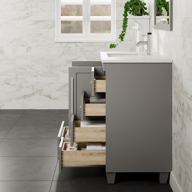 Kempst 30"W x 22"D Bathroom Vanity with Undermount Porcelain Sink, Gray, Quartz - White Carrara