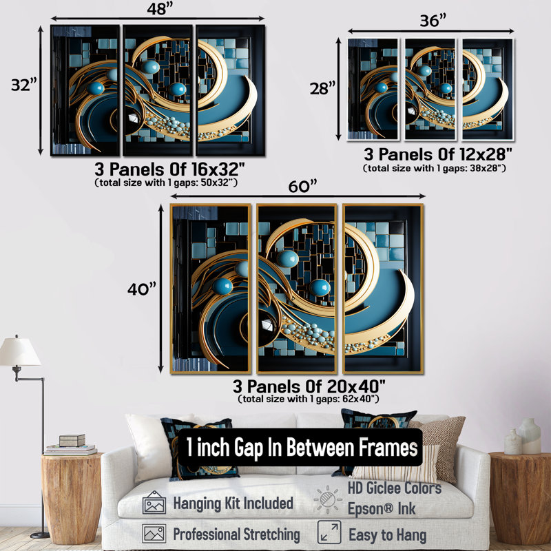 Circulaire bleu clair, art nouveau contemporain - ensemble d'art mural géométrique, Encadrement argenté