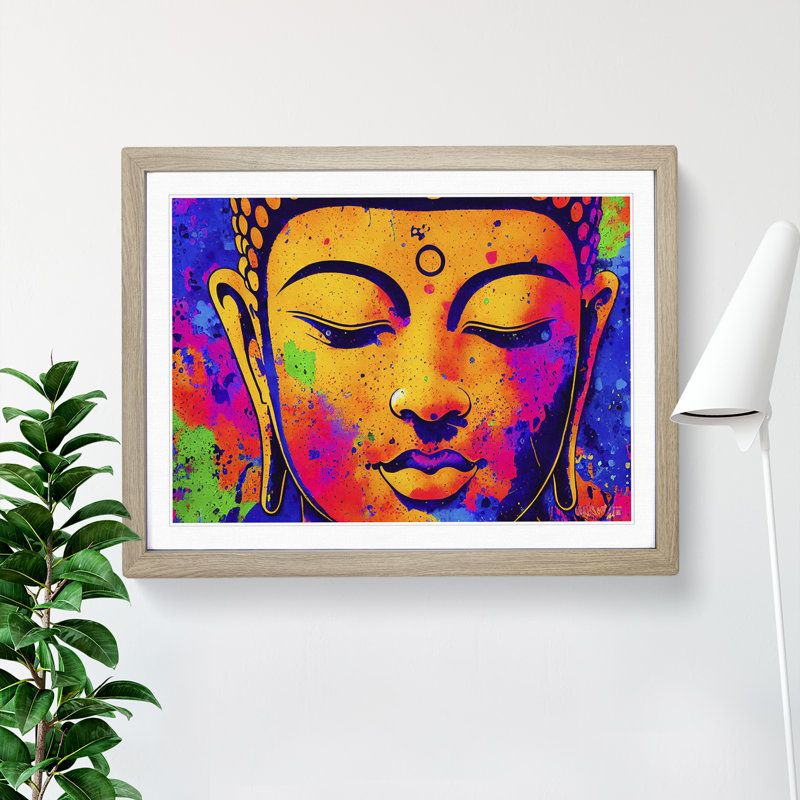 Colourful Buddha Vol.2 Abstract 1 Piece Single Picture Frame Wall Art, 46cm H x 64cm W x 2cm D, Oak