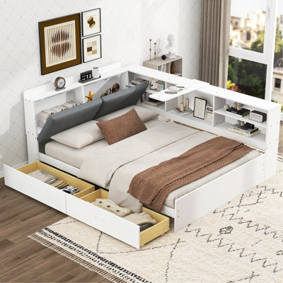 Wood Full Size Platform Bed With Storage Headboard, Shelves And 2 Drawers, White
