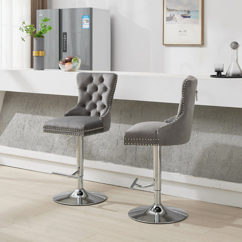 Ensemble de 2 tabourets pivotants en velours à hauteur réglable, Gris