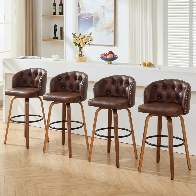 Counter Height Swivel Bar Stools With Water-Resistant Upholstered Seat Wide Backrest And Wooden Legs (Set of 4), Brown